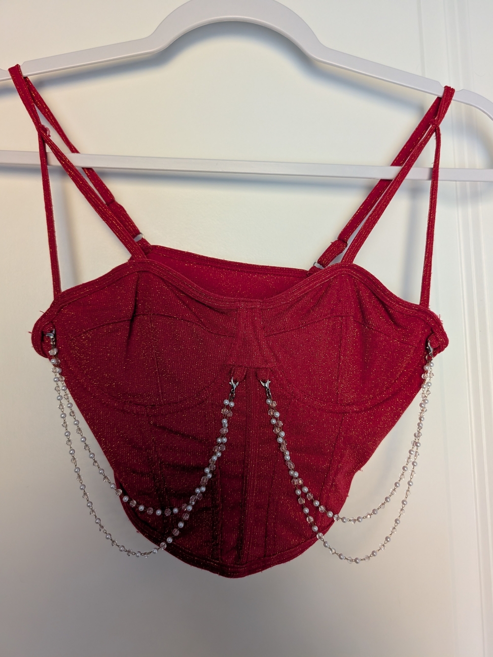 Red Glitter Beaded Chain Bustier Crop Top